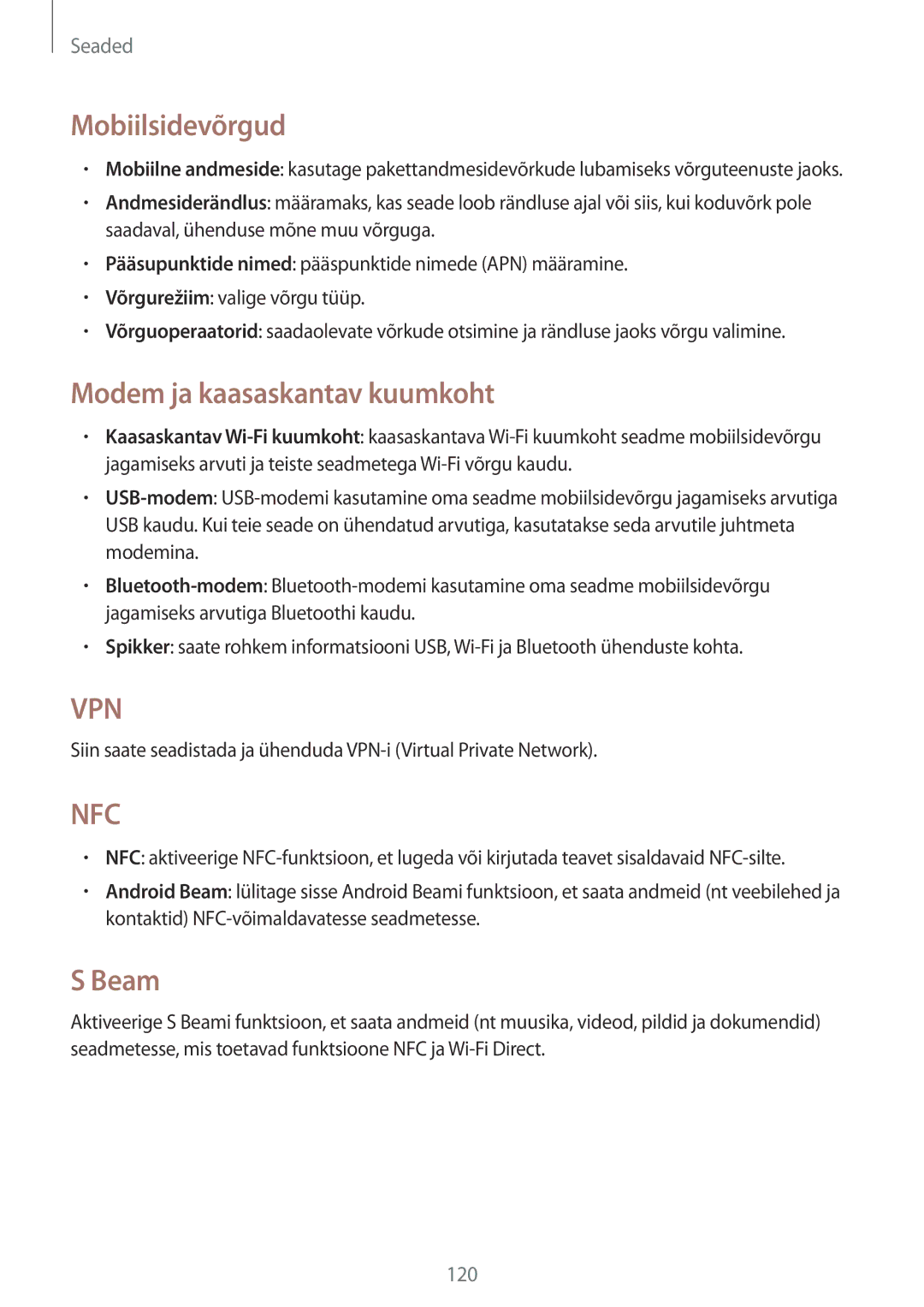 Samsung GT-N7100RWDSEB, GT-N7100TADSEB manual Mobiilsidevõrgud, Modem ja kaasaskantav kuumkoht, Beam 