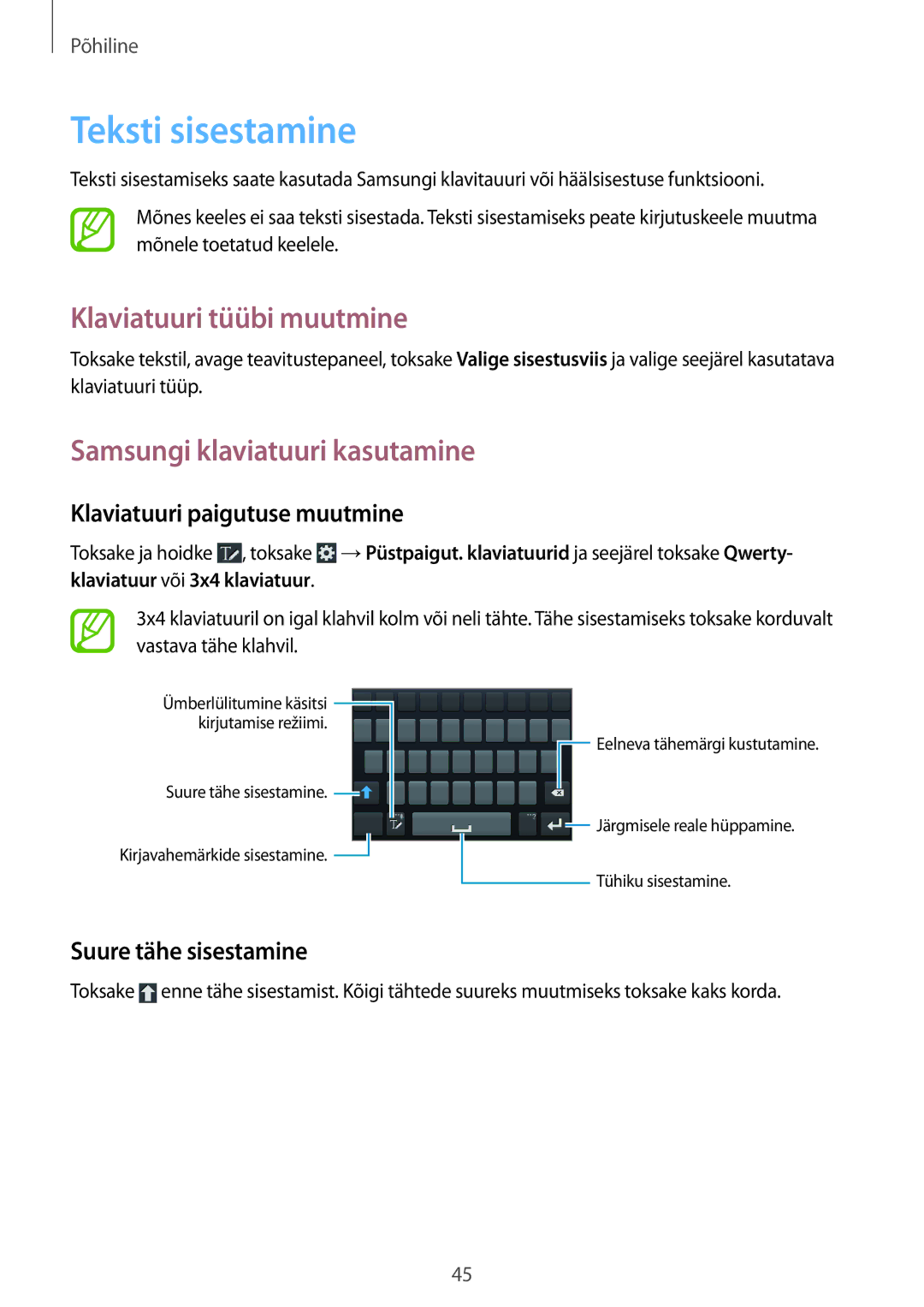 Samsung GT-N7100TADSEB, GT-N7100RWDSEB Teksti sisestamine, Klaviatuuri tüübi muutmine, Samsungi klaviatuuri kasutamine 