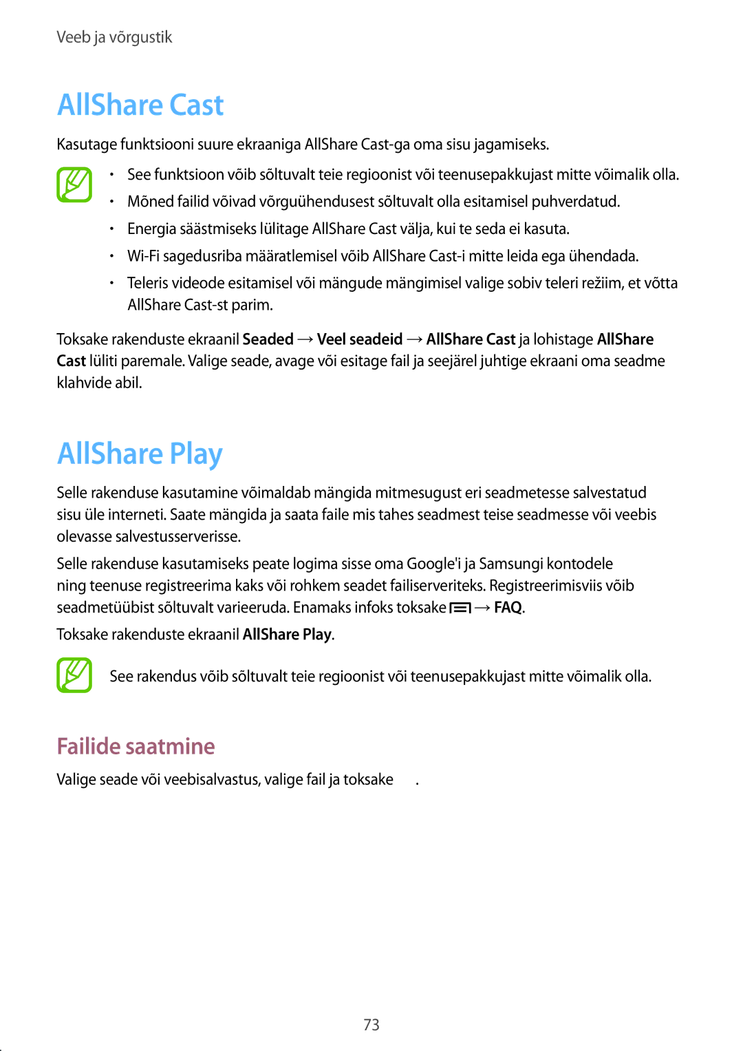 Samsung GT-N7100TADSEB, GT-N7100RWDSEB manual AllShare Cast, AllShare Play, Failide saatmine 