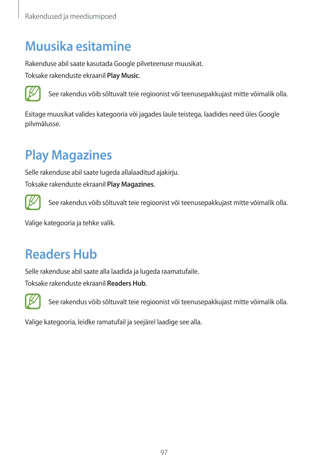 Samsung GT-N7100TADSEB, GT-N7100RWDSEB manual Muusika esitamine, Play Magazines, Readers Hub 