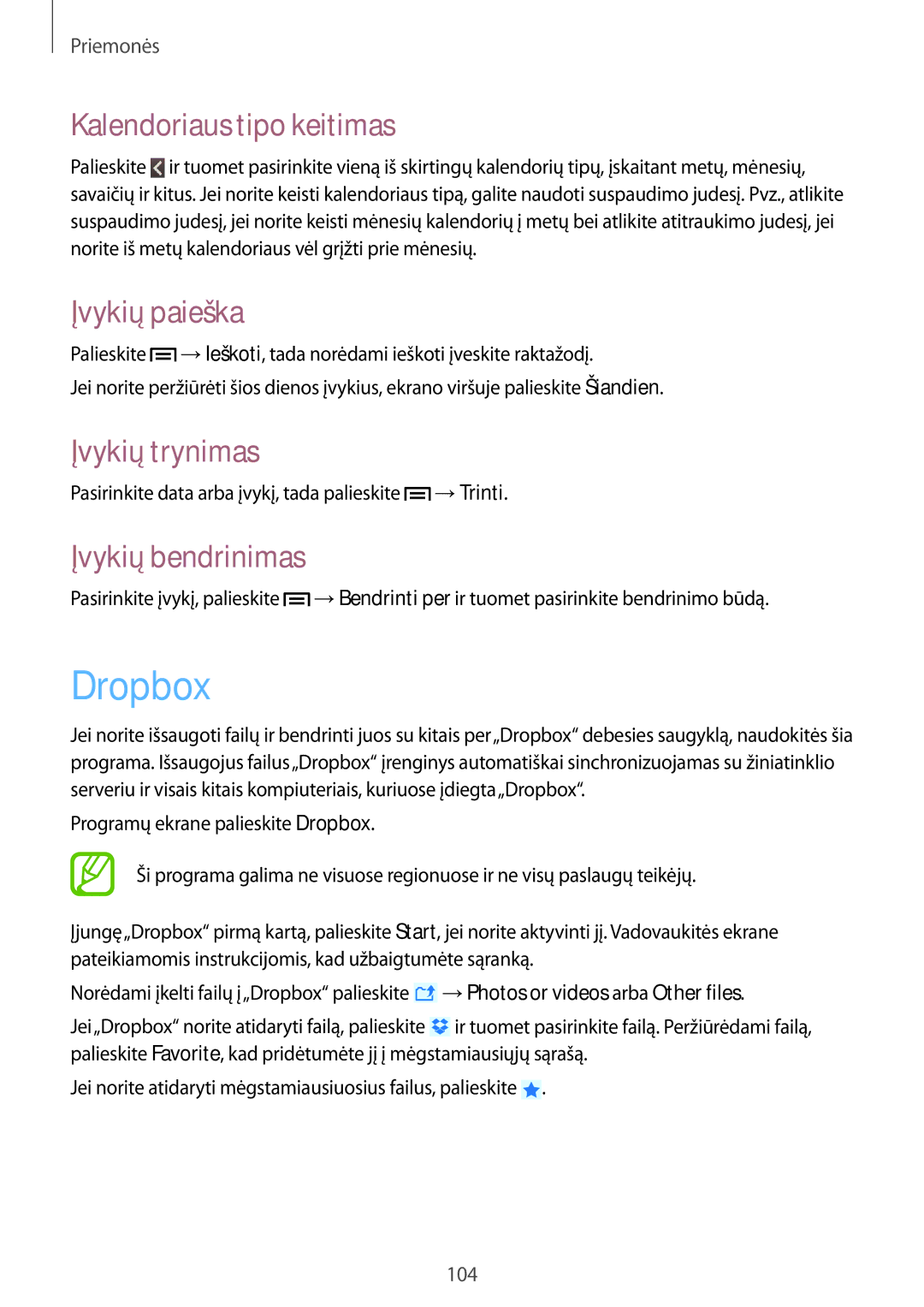 Samsung GT-N7100RWDSEB manual Dropbox, Kalendoriaus tipo keitimas, Įvykių paieška, Įvykių trynimas, Įvykių bendrinimas 