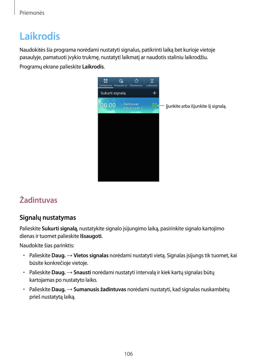 Samsung GT-N7100RWDSEB, GT-N7100TADSEB manual Laikrodis, Žadintuvas, Signalų nustatymas 