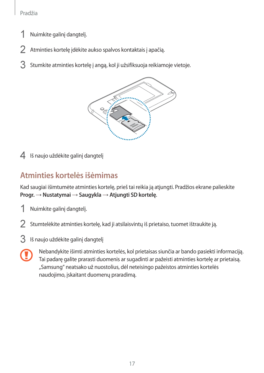 Samsung GT-N7100TADSEB, GT-N7100RWDSEB manual Atminties kortelės išėmimas 