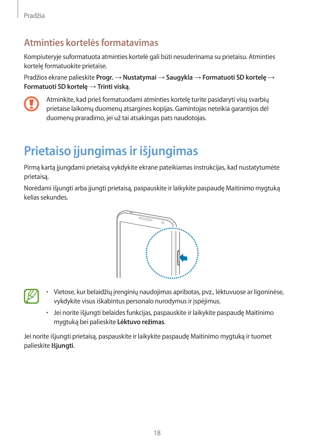 Samsung GT-N7100RWDSEB, GT-N7100TADSEB manual Prietaiso įjungimas ir išjungimas, Atminties kortelės formatavimas 