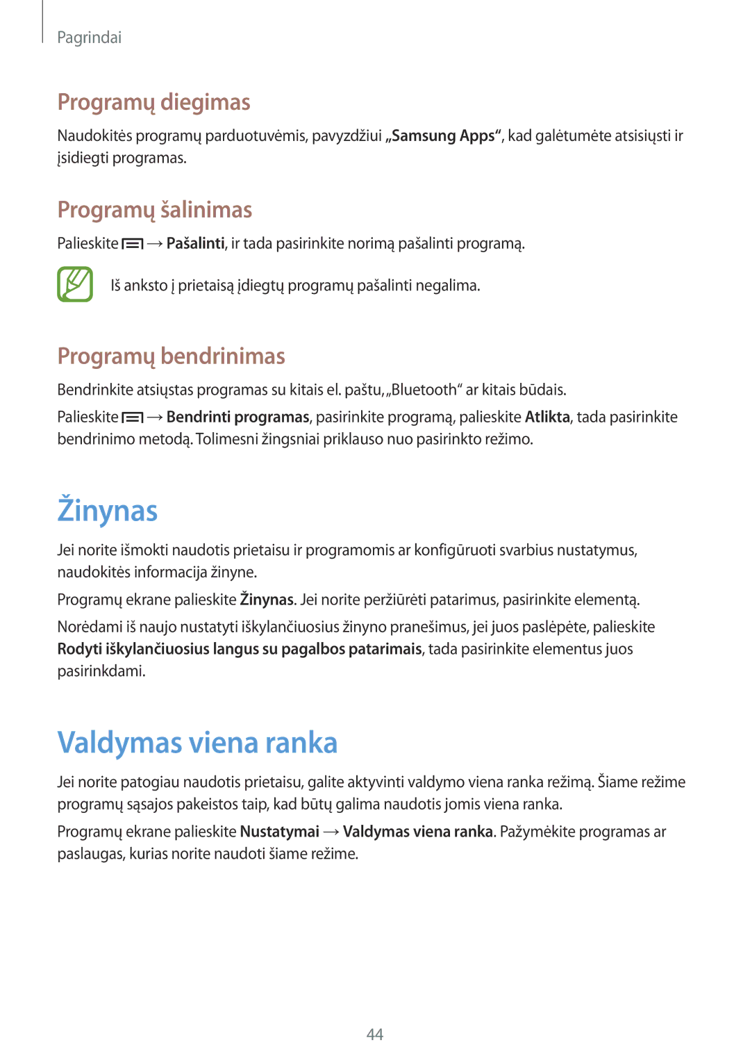 Samsung GT-N7100RWDSEB manual Žinynas, Valdymas viena ranka, Programų diegimas, Programų šalinimas, Programų bendrinimas 