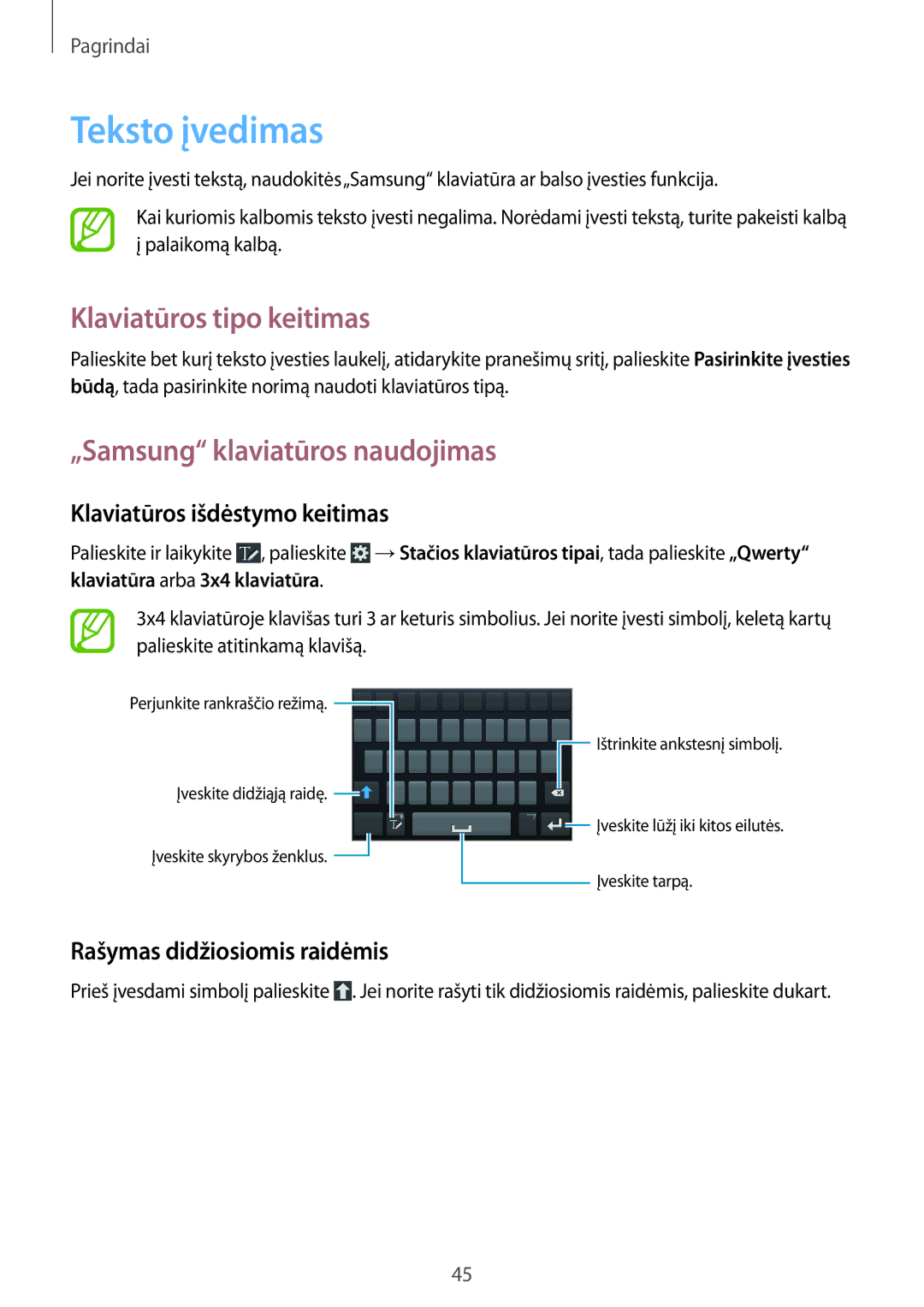 Samsung GT-N7100TADSEB, GT-N7100RWDSEB manual Teksto įvedimas, Klaviatūros tipo keitimas, „Samsung klaviatūros naudojimas 