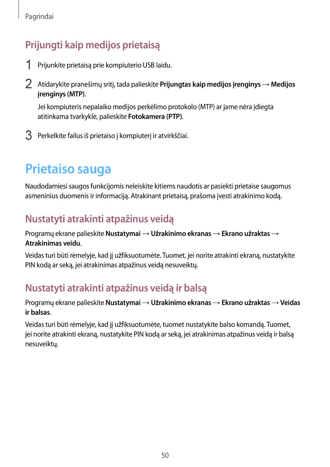 Samsung GT-N7100RWDSEB manual Prietaiso sauga, Prijungti kaip medijos prietaisą, Nustatyti atrakinti atpažinus veidą 