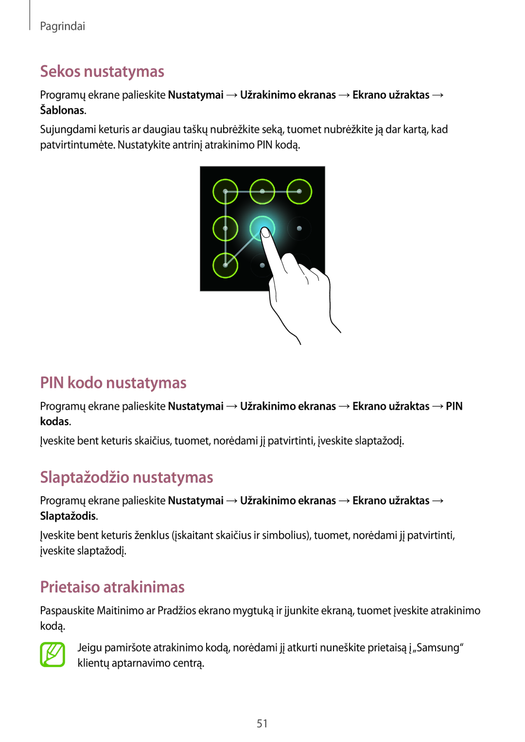 Samsung GT-N7100TADSEB manual Sekos nustatymas, PIN kodo nustatymas, Slaptažodžio nustatymas, Prietaiso atrakinimas 