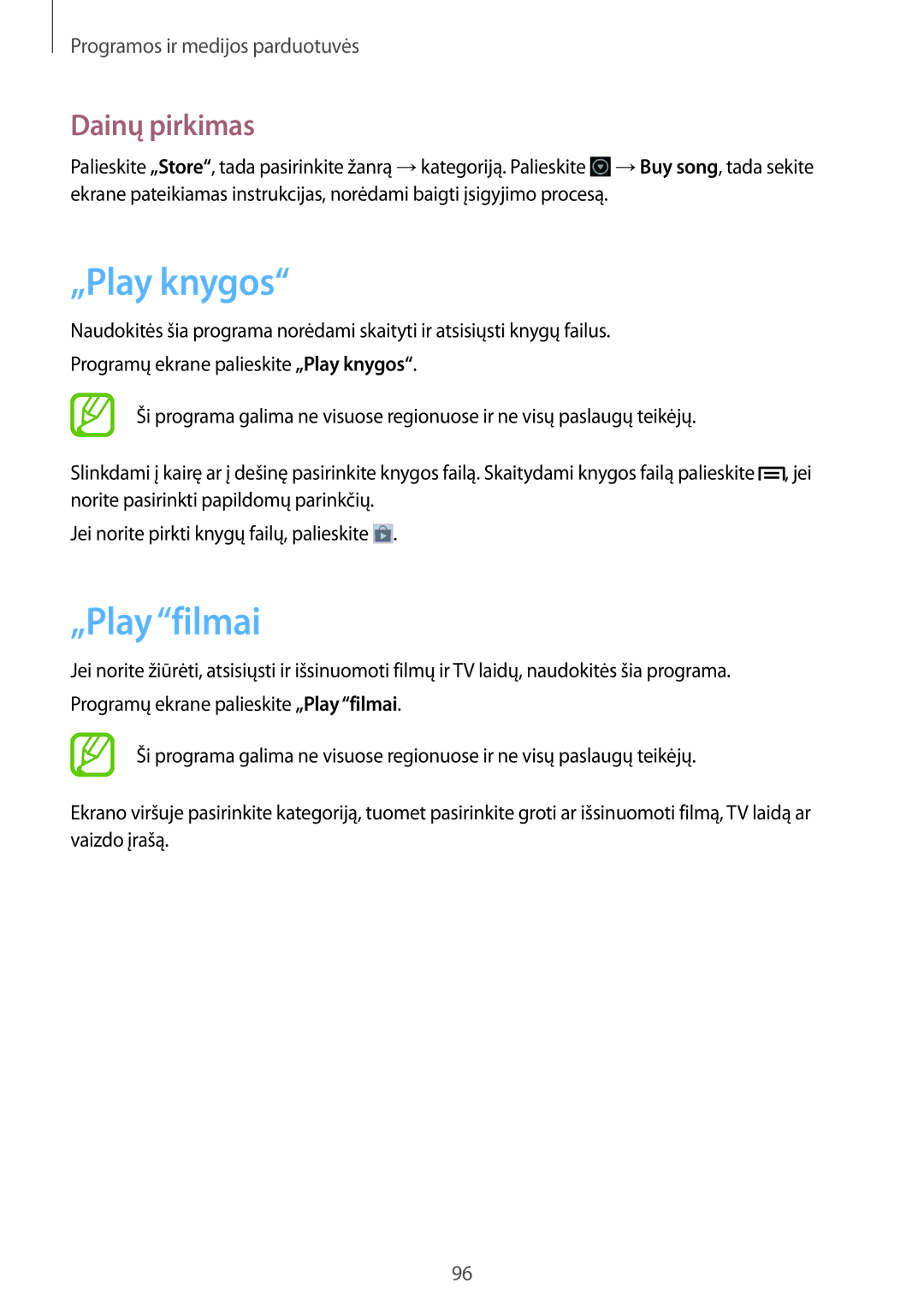 Samsung GT-N7100RWDSEB, GT-N7100TADSEB manual „Play knygos, „Play filmai, Dainų pirkimas 