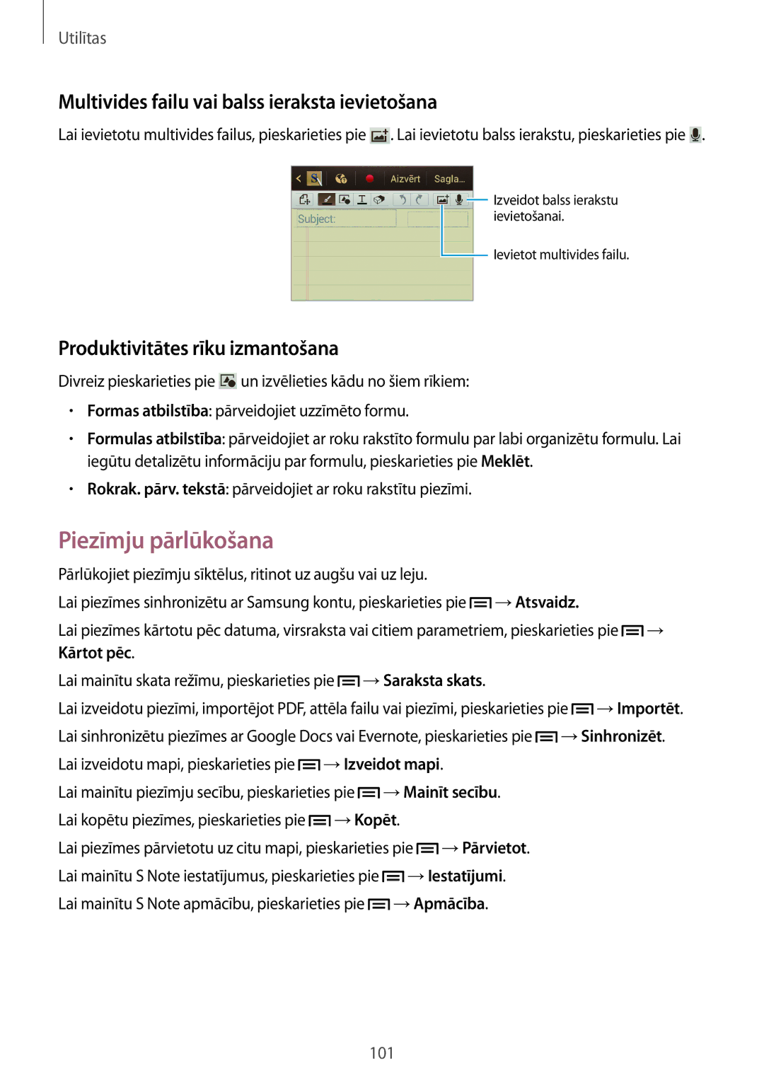Samsung GT-N7100TADSEB, GT-N7100RWDSEB manual Piezīmju pārlūkošana, Multivides failu vai balss ieraksta ievietošana 