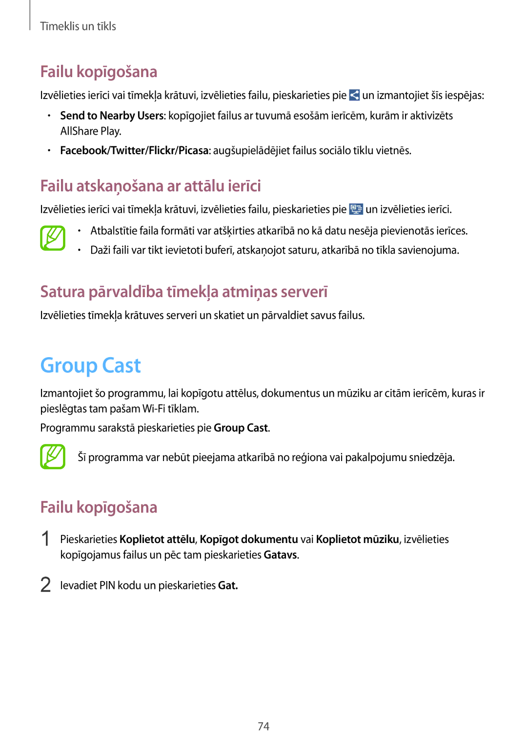 Samsung GT-N7100RWDSEB, GT-N7100TADSEB manual Group Cast, Failu kopīgošana, Failu atskaņošana ar attālu ierīci 