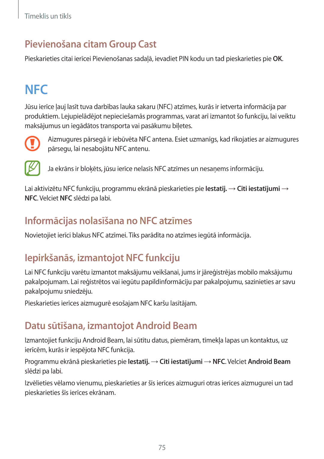 Samsung GT-N7100TADSEB, GT-N7100RWDSEB manual Pievienošana citam Group Cast, Informācijas nolasīšana no NFC atzīmes 