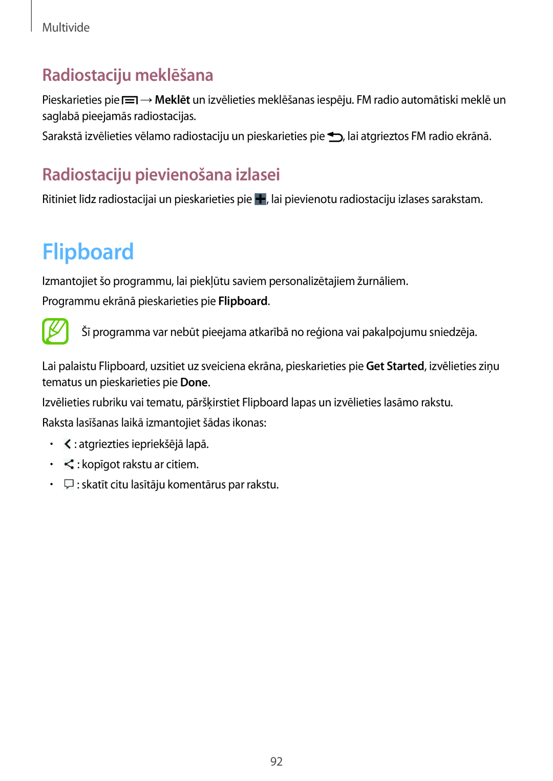 Samsung GT-N7100RWDSEB, GT-N7100TADSEB manual Flipboard, Radiostaciju meklēšana, Radiostaciju pievienošana izlasei 