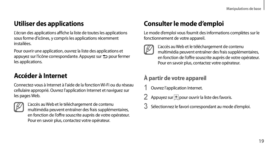 Samsung GT-N7100RWXXEF Utiliser des applications, Accéder à Internet, Consulter le mode d’emploi, Partir de votre appareil 