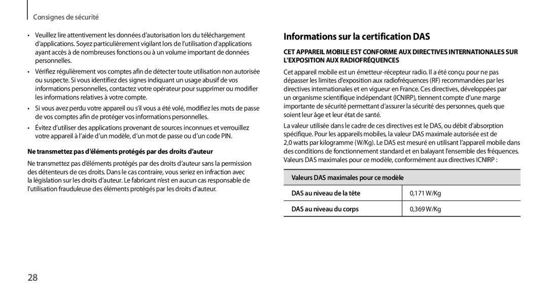 Samsung GT-N7100TADXEF, GT-N7100RWDSFR, GT-N7100VSDXEF, GT-N7100VSDSFR, GT-N7100VSASFR Informations sur la certification DAS 