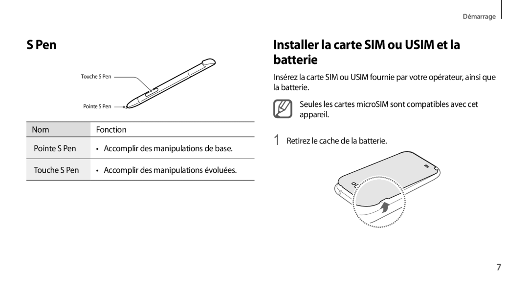 Samsung GT-N7100RWABOG, GT-N7100RWDSFR, GT-N7100VSDXEF, GT-N7100VSDSFR Pen, Installer la carte SIM ou Usim et la batterie 