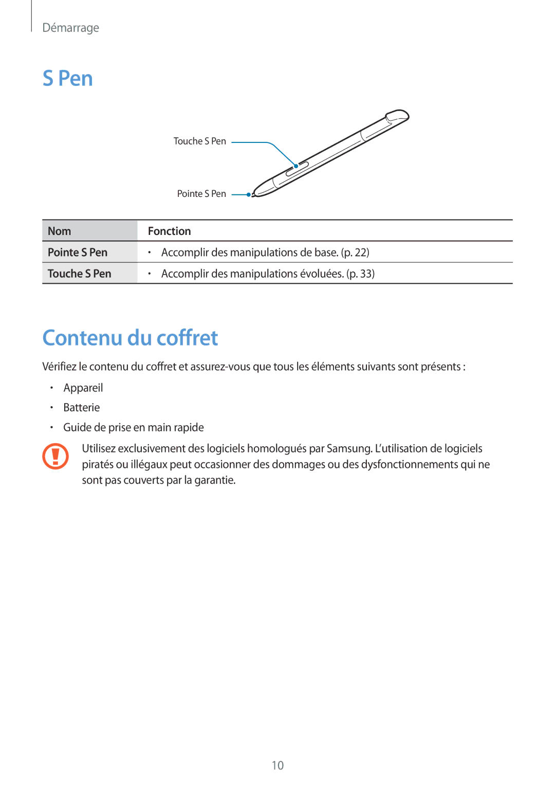 Samsung GT-N7100VSABOG, GT-N7100RWDSFR, GT-N7100VSDXEF, GT-N7100VSDSFR, GT-N7100VSASFR, GT-N7100TADSFR Pen, Contenu du coffret 