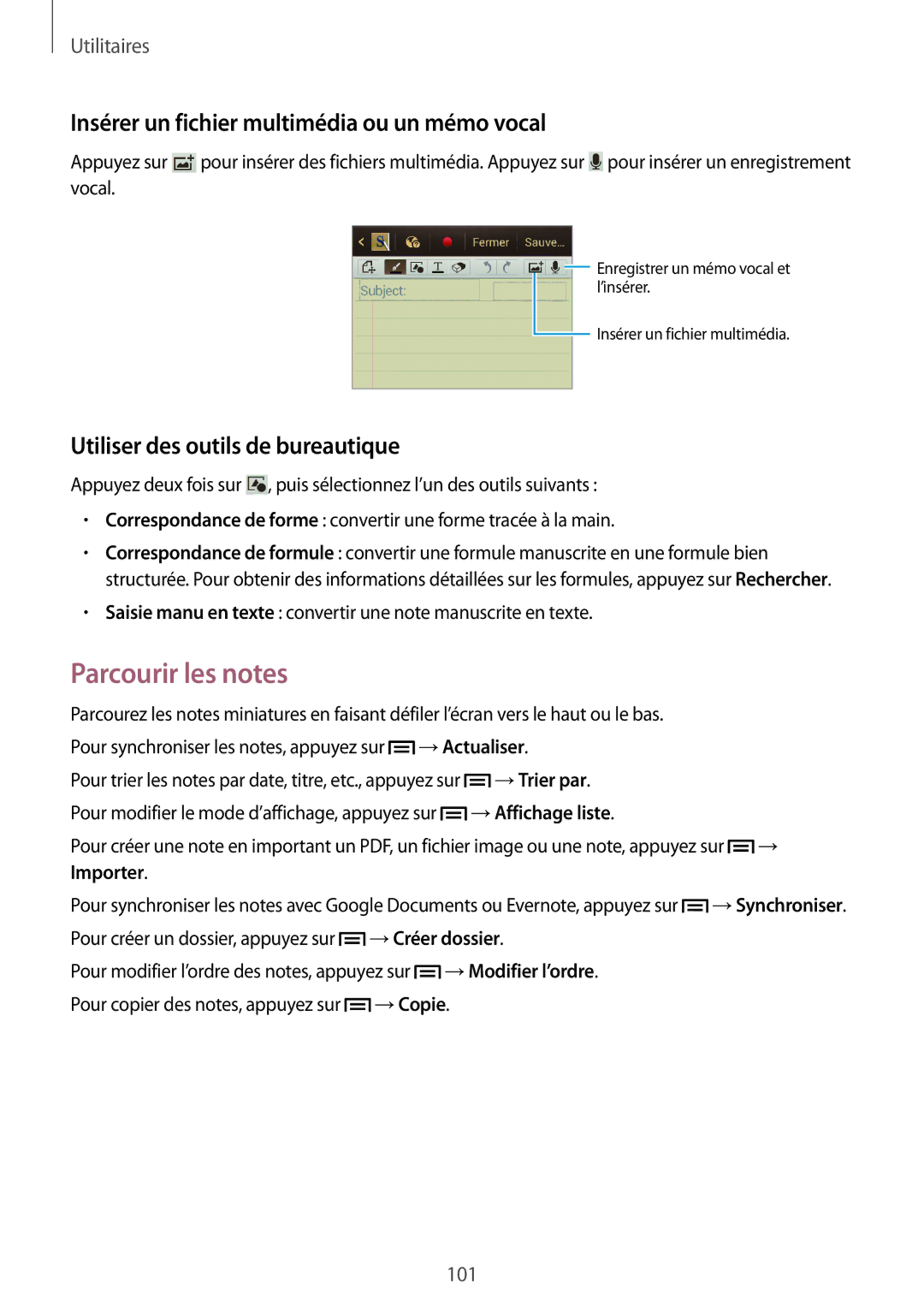 Samsung GT-N7100RWAFTM, GT-N7100RWDSFR, GT-N7100VSDXEF Parcourir les notes, Insérer un fichier multimédia ou un mémo vocal 