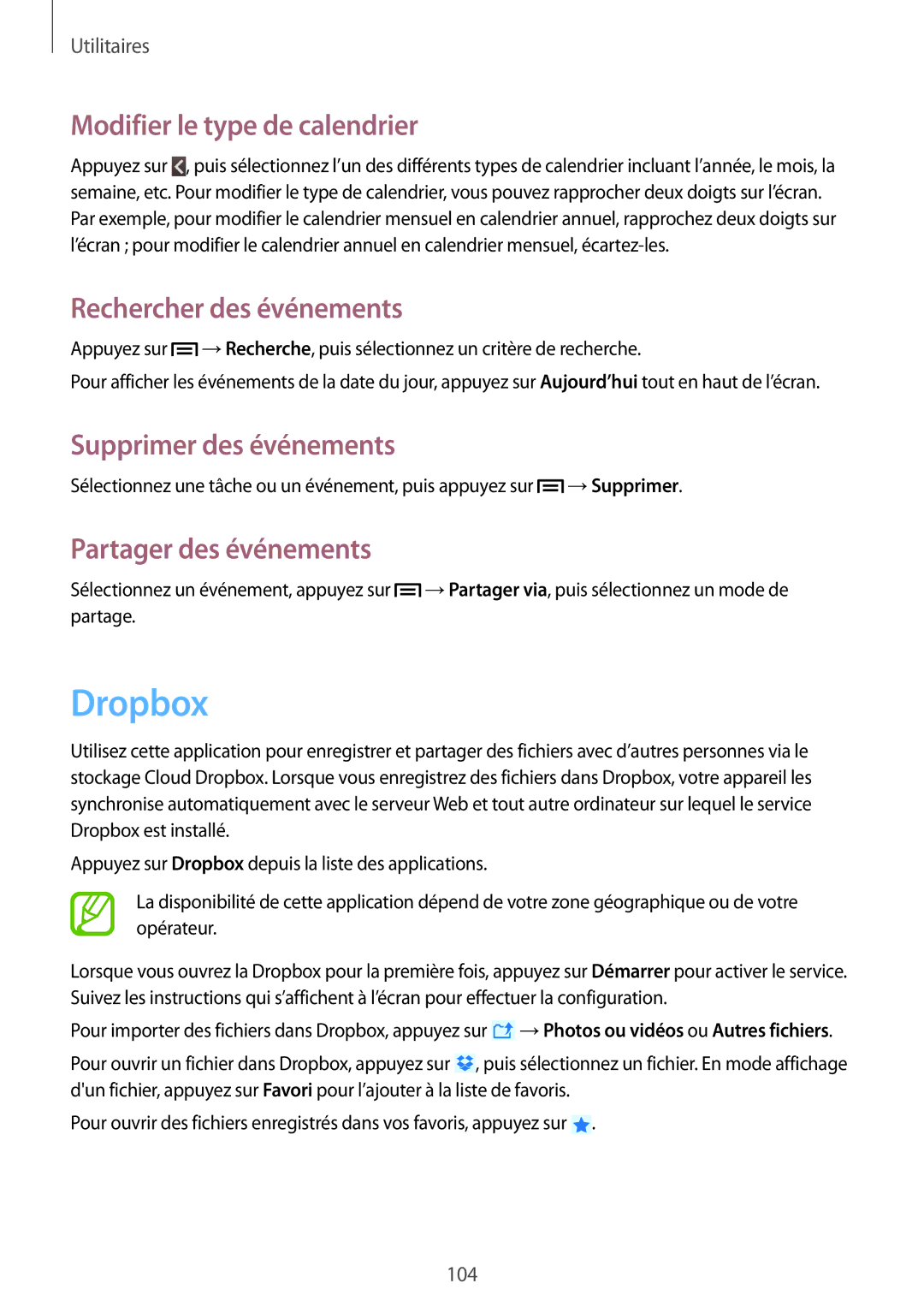 Samsung GT-N7100RWASFR manual Dropbox, Modifier le type de calendrier, Rechercher des événements, Supprimer des événements 
