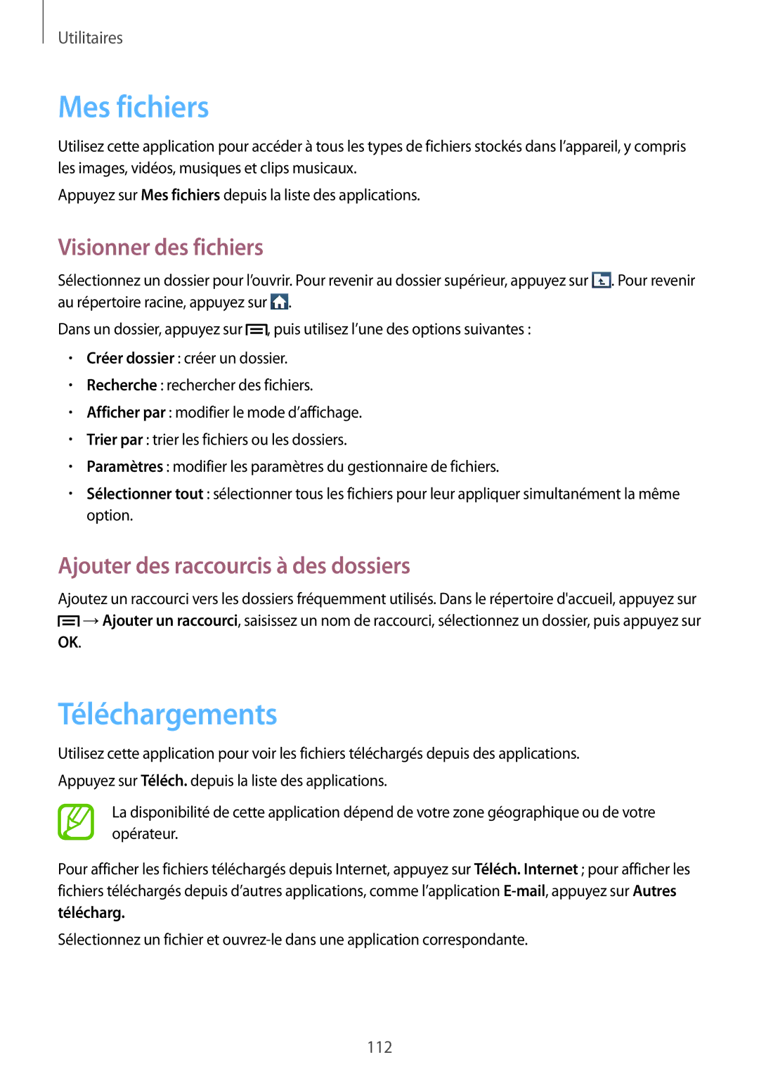 Samsung GT-N7100VSDSFR manual Mes fichiers, Téléchargements, Visionner des fichiers, Ajouter des raccourcis à des dossiers 