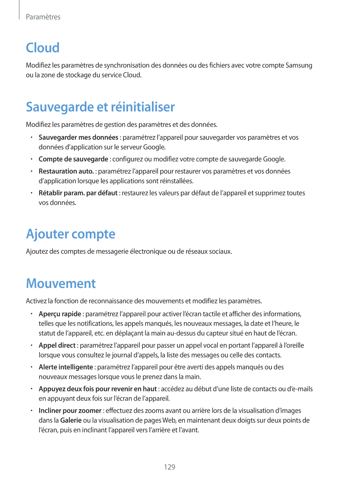 Samsung GT-N7100RWXXEF, GT-N7100RWDSFR, GT-N7100VSDXEF manual Sauvegarde et réinitialiser, Ajouter compte, Mouvement 