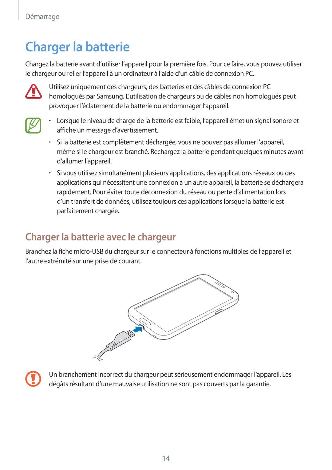 Samsung GT-N7100TAXXEF, GT-N7100RWDSFR, GT-N7100VSDXEF, GT-N7100VSDSFR manual Charger la batterie avec le chargeur 