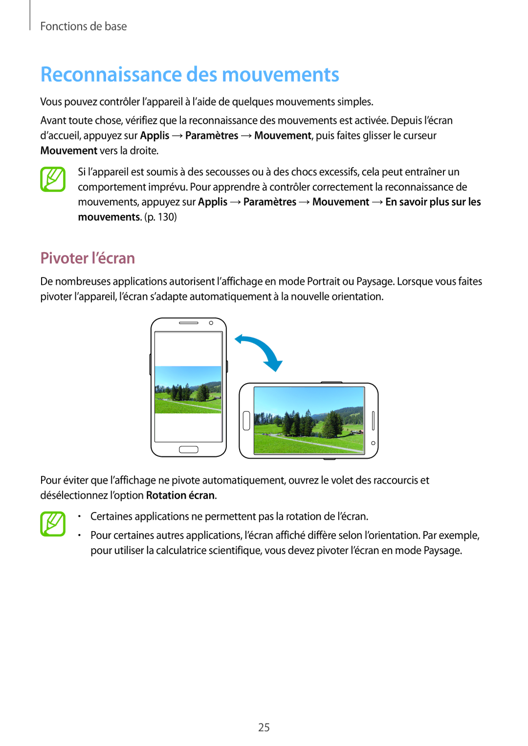 Samsung GT-N7100VSASFR, GT-N7100RWDSFR, GT-N7100VSDXEF, GT-N7100VSDSFR manual Reconnaissance des mouvements, Pivoter l’écran 