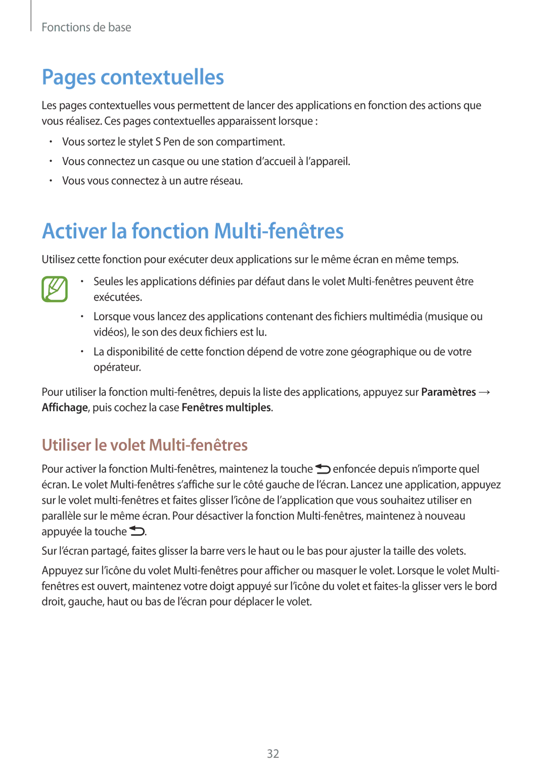 Samsung GT-N7100VSABOG manual Pages contextuelles, Activer la fonction Multi-fenêtres, Utiliser le volet Multi-fenêtres 