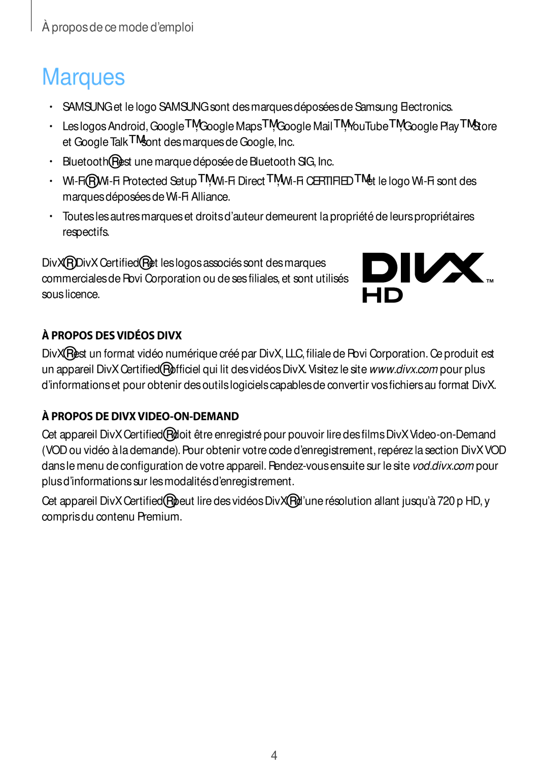 Samsung GT-N7100TADSFR, GT-N7100RWDSFR, GT-N7100VSDXEF manual Marques, Propos DES Vidéos Divx Propos DE Divx VIDEO-ON-DEMAND 