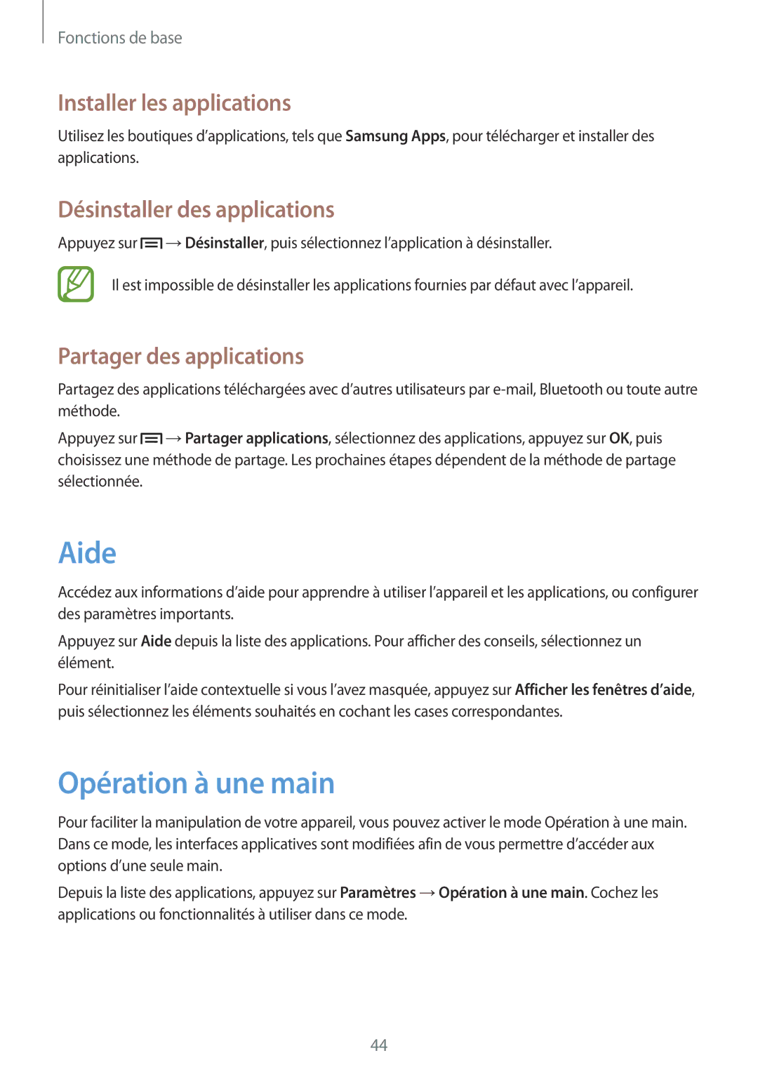 Samsung GT-N7100RWDSFR manual Aide, Opération à une main, Installer les applications, Désinstaller des applications 