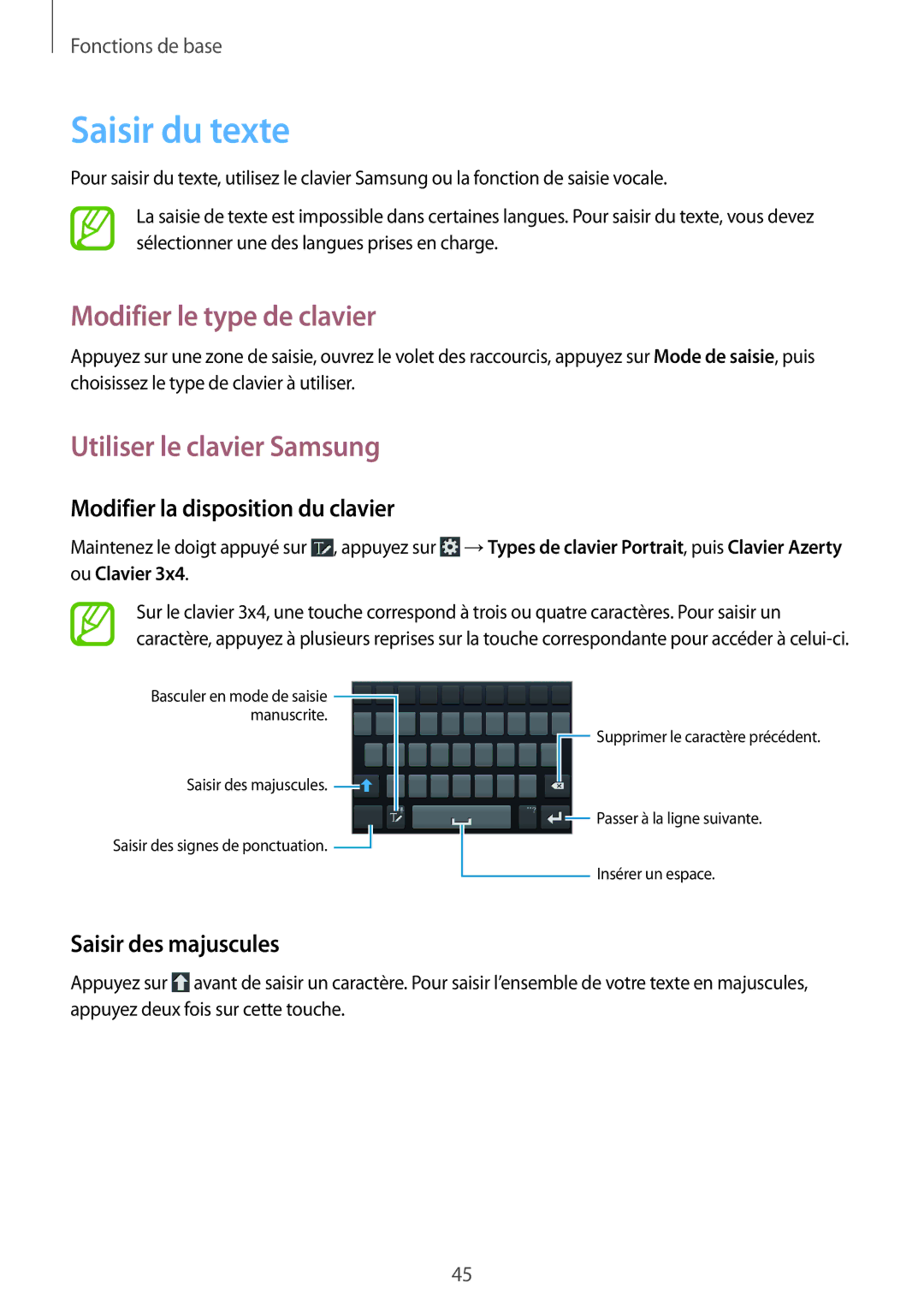 Samsung GT-N7100VSDXEF Saisir du texte, Modifier le type de clavier, Utiliser le clavier Samsung, Saisir des majuscules 