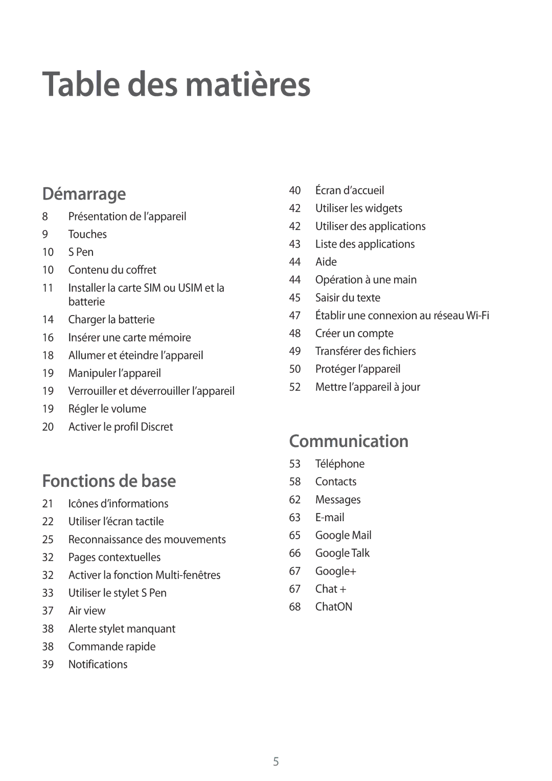 Samsung GT-N7100TADFTM, GT-N7100RWDSFR, GT-N7100VSDXEF, GT-N7100VSDSFR, GT-N7100VSASFR, GT-N7100TADSFR manual Table des matières 