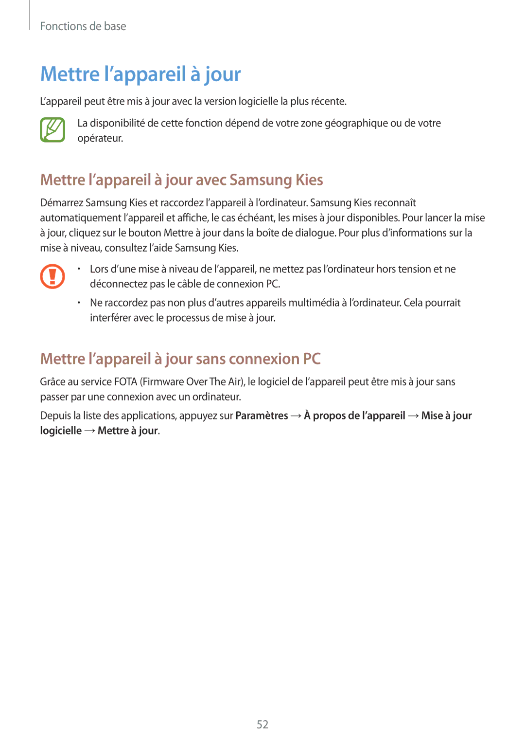 Samsung GT-N7100VSDFTM manual Mettre l’appareil à jour avec Samsung Kies, Mettre l’appareil à jour sans connexion PC 
