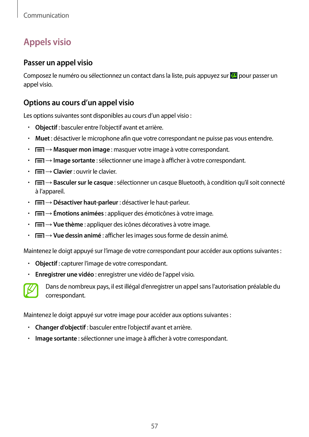 Samsung GT-N7100RWAFTM, GT-N7100RWDSFR manual Appels visio, Passer un appel visio, Options au cours d’un appel visio 