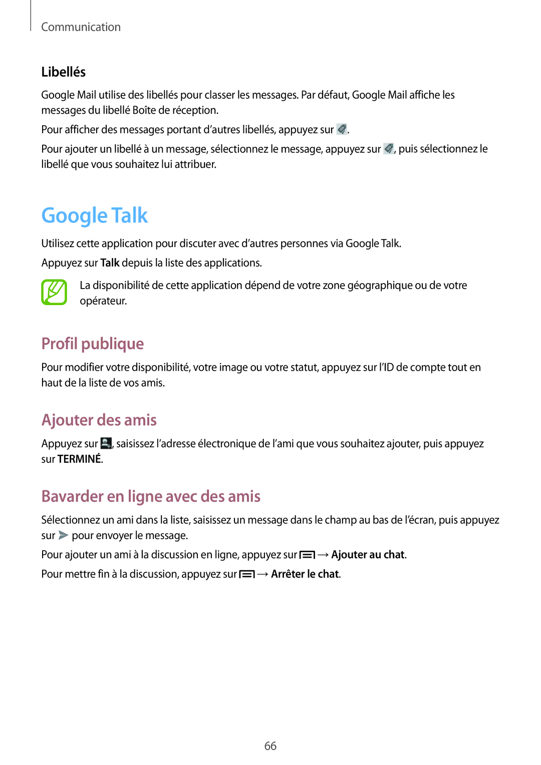 Samsung GT-N7100RWDSFR manual Google Talk, Profil publique, Ajouter des amis, Bavarder en ligne avec des amis, Libellés 