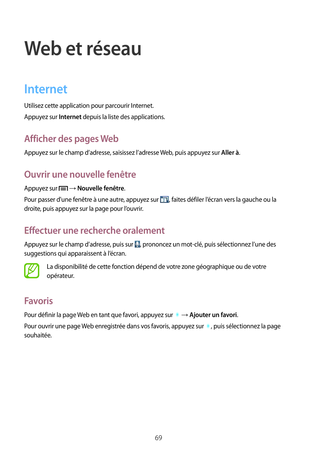 Samsung GT-N7100VSASFR Internet, Afficher des pages Web, Ouvrir une nouvelle fenêtre, Effectuer une recherche oralement 