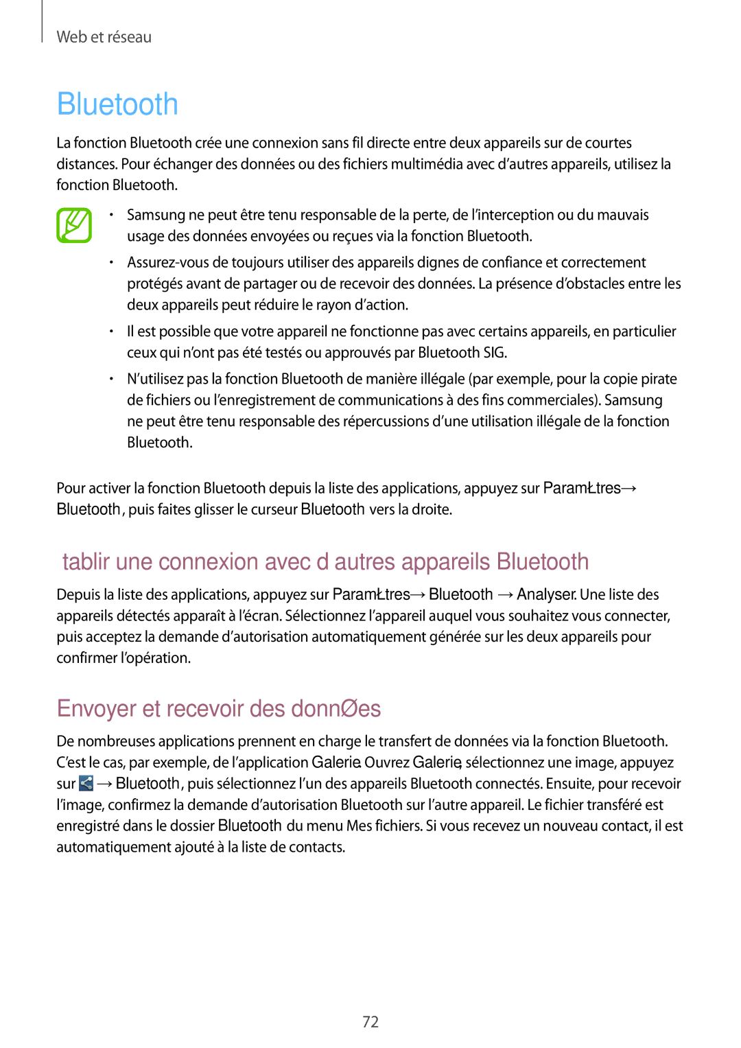 Samsung GT-N7100TADXEF manual Établir une connexion avec d’autres appareils Bluetooth, Envoyer et recevoir des données 