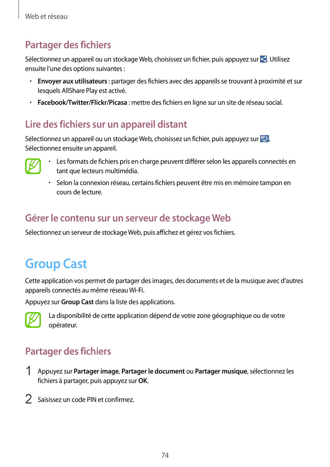 Samsung GT-N7100VSDFTM, GT-N7100RWDSFR manual Group Cast, Partager des fichiers, Lire des fichiers sur un appareil distant 
