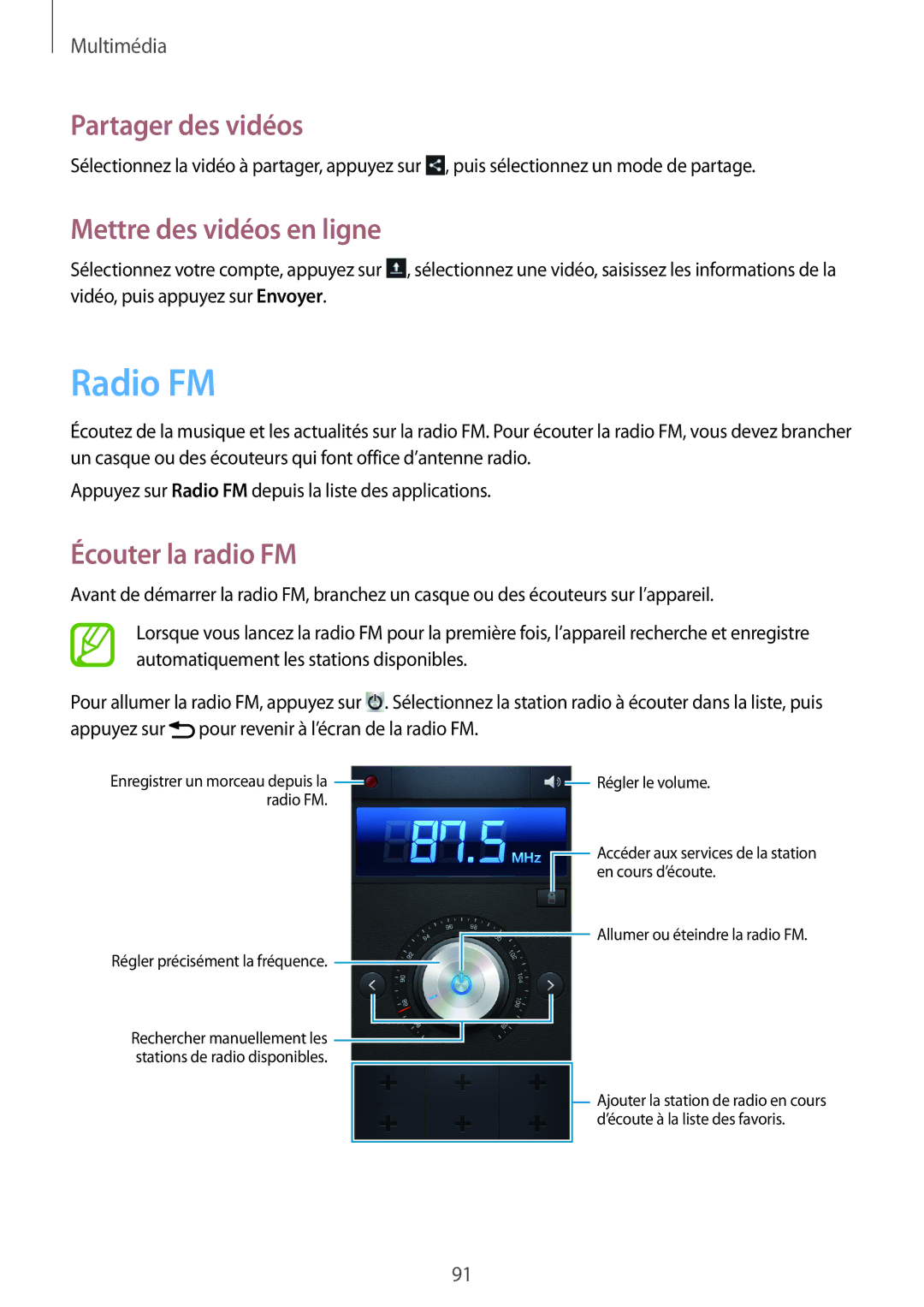 Samsung GT-N7100VSASFR, GT-N7100RWDSFR, GT-N7100VSDXEF manual Radio FM, Mettre des vidéos en ligne, Écouter la radio FM 