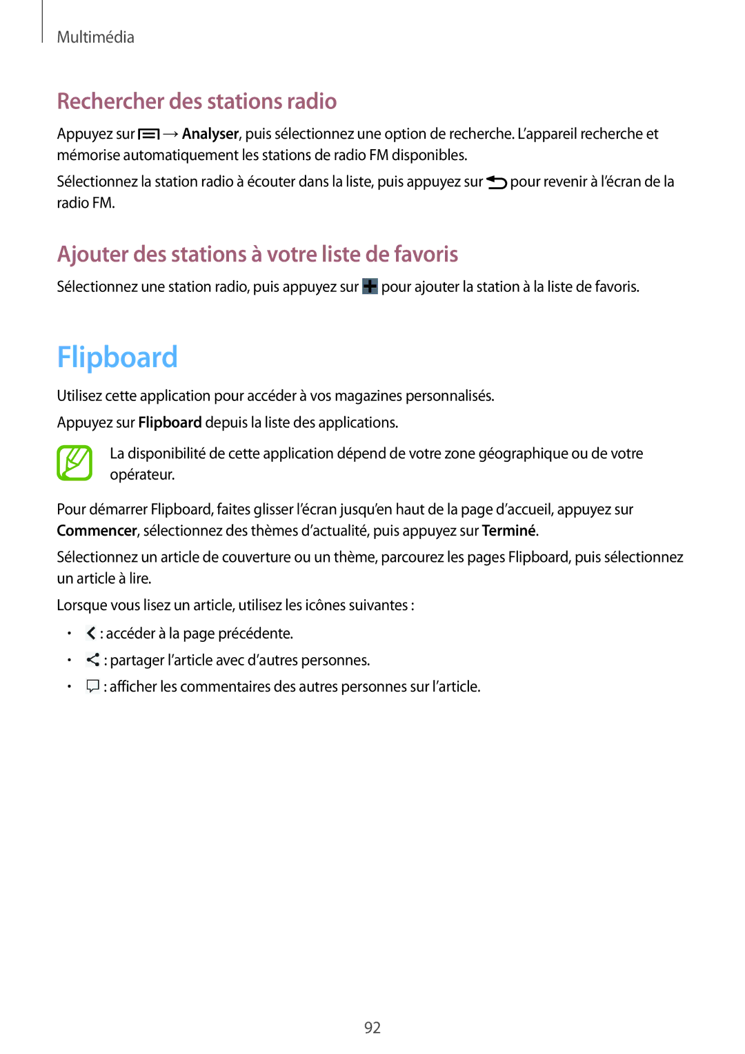 Samsung GT-N7100TADSFR manual Flipboard, Rechercher des stations radio, Ajouter des stations à votre liste de favoris 