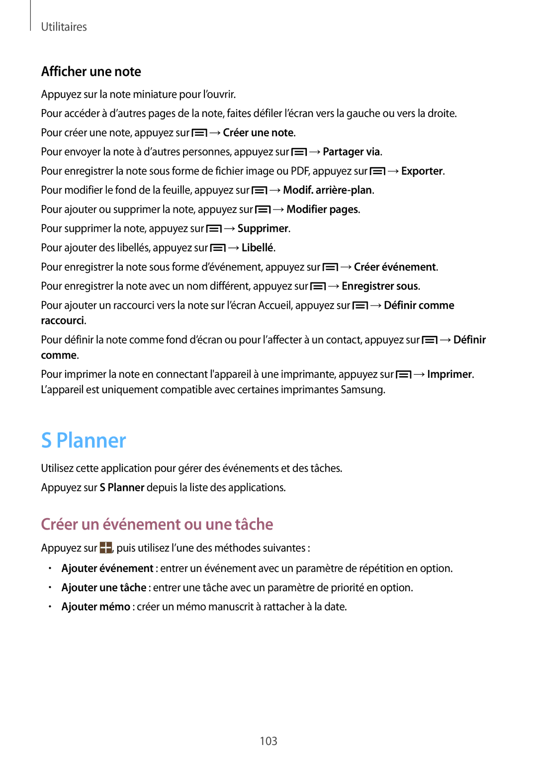 Samsung GT-N7100RWDFTM, GT-N7100RWDSFR, GT-N7100VSDXEF manual Planner, Créer un événement ou une tâche, Afficher une note 