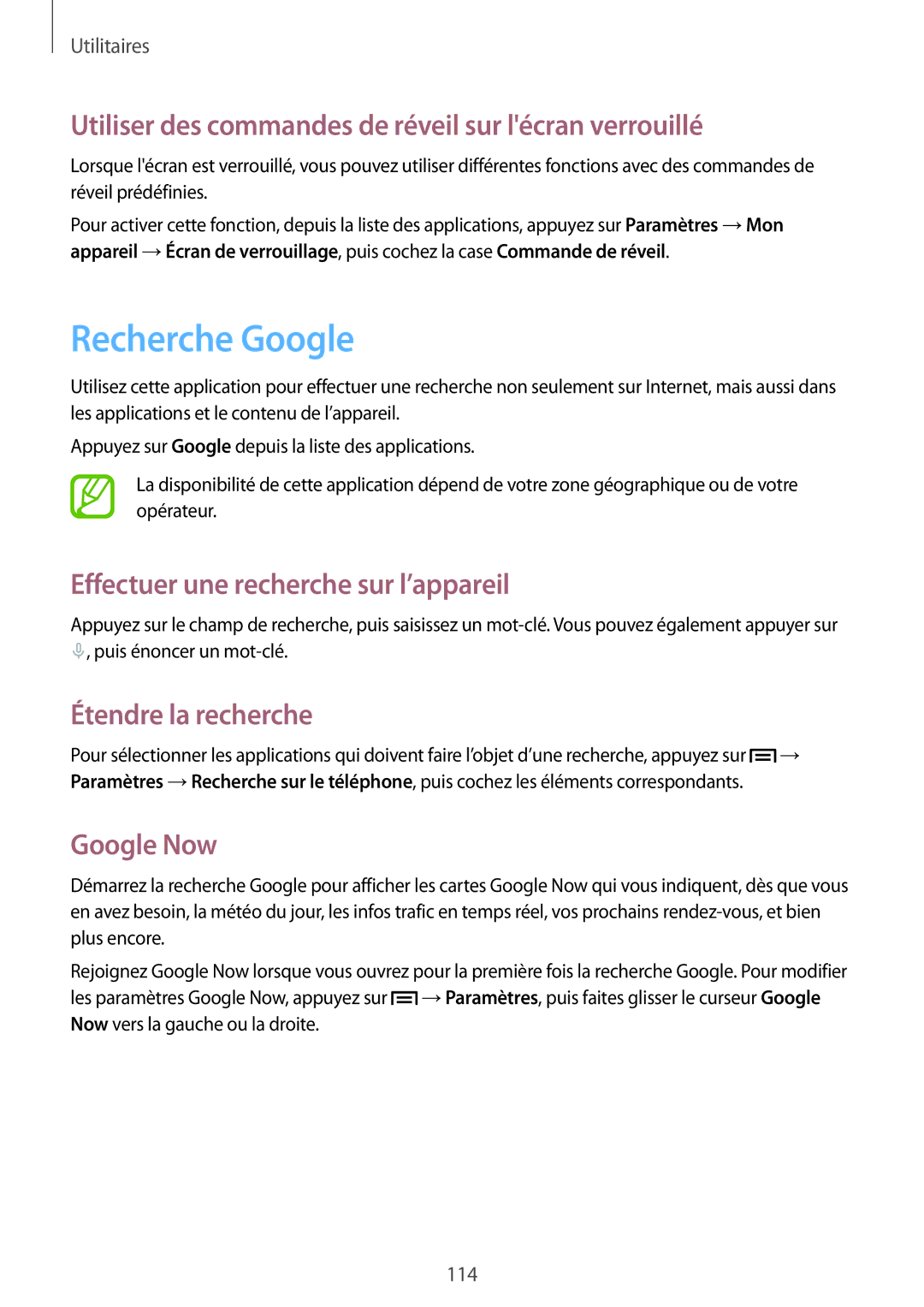 Samsung GT-N7100TADSFR Recherche Google, Utiliser des commandes de réveil sur lécran verrouillé, Étendre la recherche 