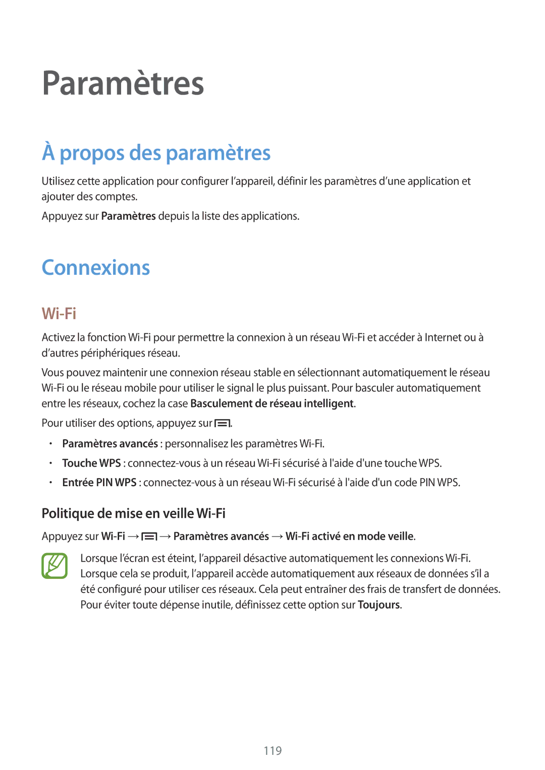 Samsung GT-N7100VSDBOG, GT-N7100RWDSFR manual Propos des paramètres, Connexions, Politique de mise en veille Wi-Fi 