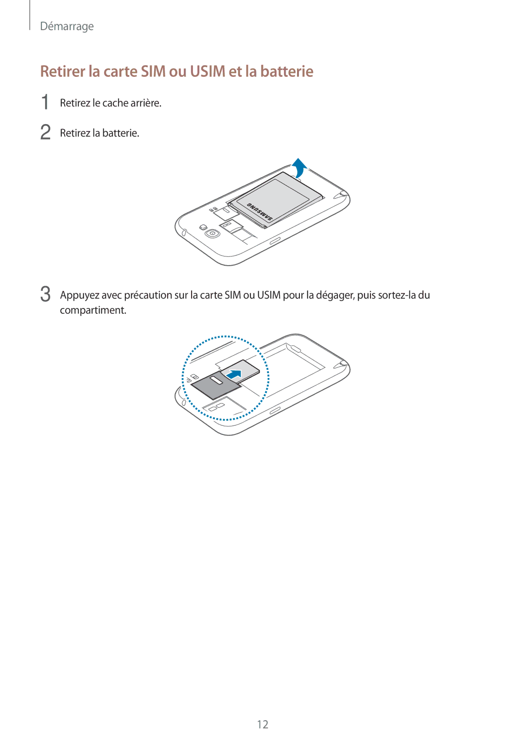 Samsung GT-N7100RWDBOG, GT-N7100RWDSFR, GT-N7100VSDXEF, GT-N7100VSDSFR manual Retirer la carte SIM ou Usim et la batterie 