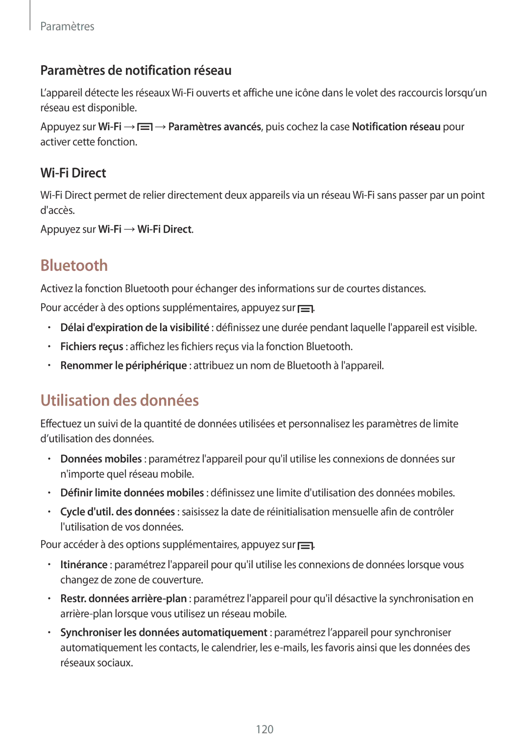 Samsung GT-N7100VSABOG, GT-N7100RWDSFR Bluetooth, Utilisation des données, Paramètres de notification réseau, Wi-Fi Direct 