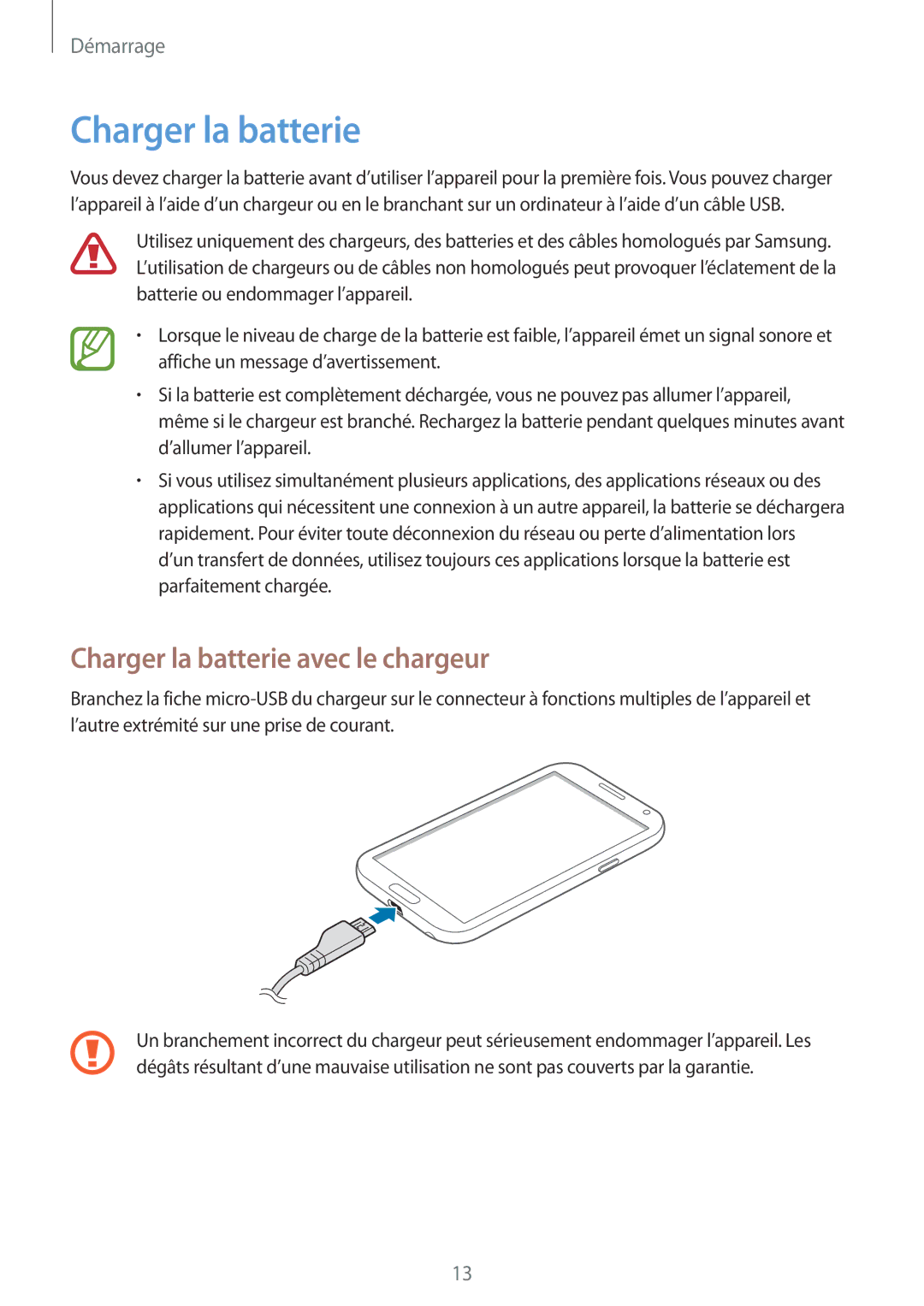 Samsung GT-N7100RWAFTM, GT-N7100RWDSFR, GT-N7100VSDXEF, GT-N7100VSDSFR manual Charger la batterie avec le chargeur 