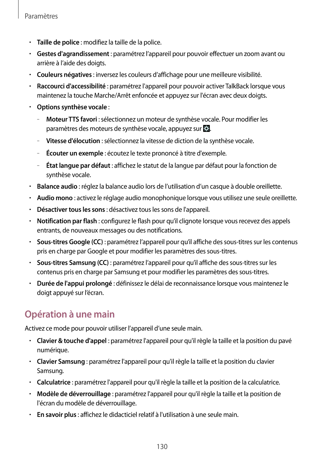 Samsung GT-N7100RWDXEF, GT-N7100RWDSFR, GT-N7100VSDXEF, GT-N7100VSDSFR manual Opération à une main, Options synthèse vocale 