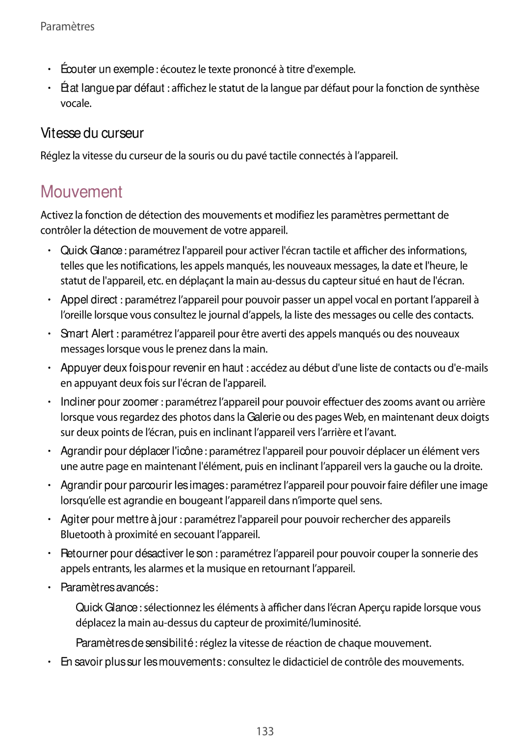Samsung GT-N7100VSDXEF, GT-N7100RWDSFR, GT-N7100VSDSFR, GT-N7100VSASFR Mouvement, Vitesse du curseur, Paramètres avancés 