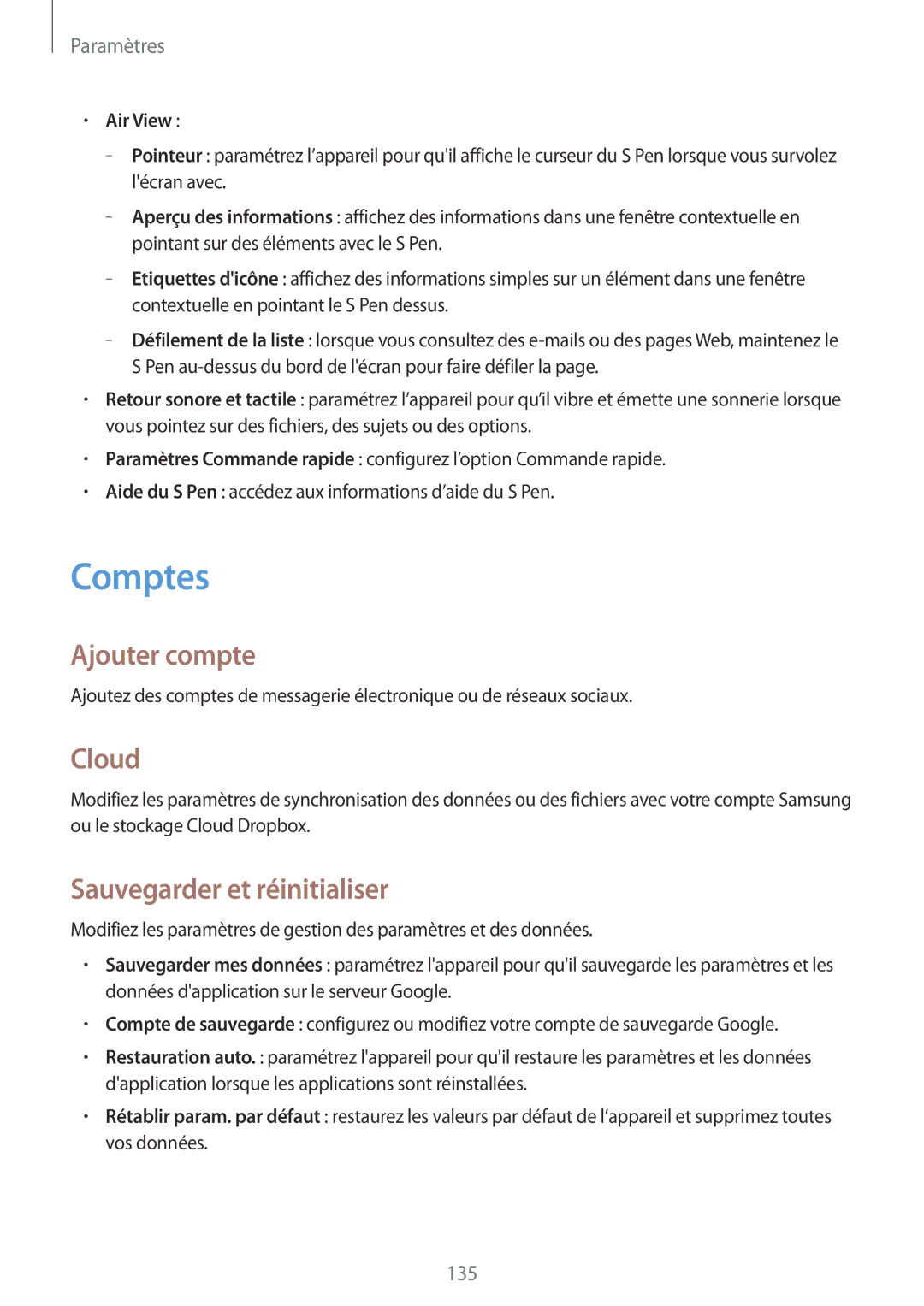 Samsung GT-N7100VSASFR, GT-N7100RWDSFR manual Comptes, Ajouter compte, Cloud, Sauvegarder et réinitialiser, Air View 