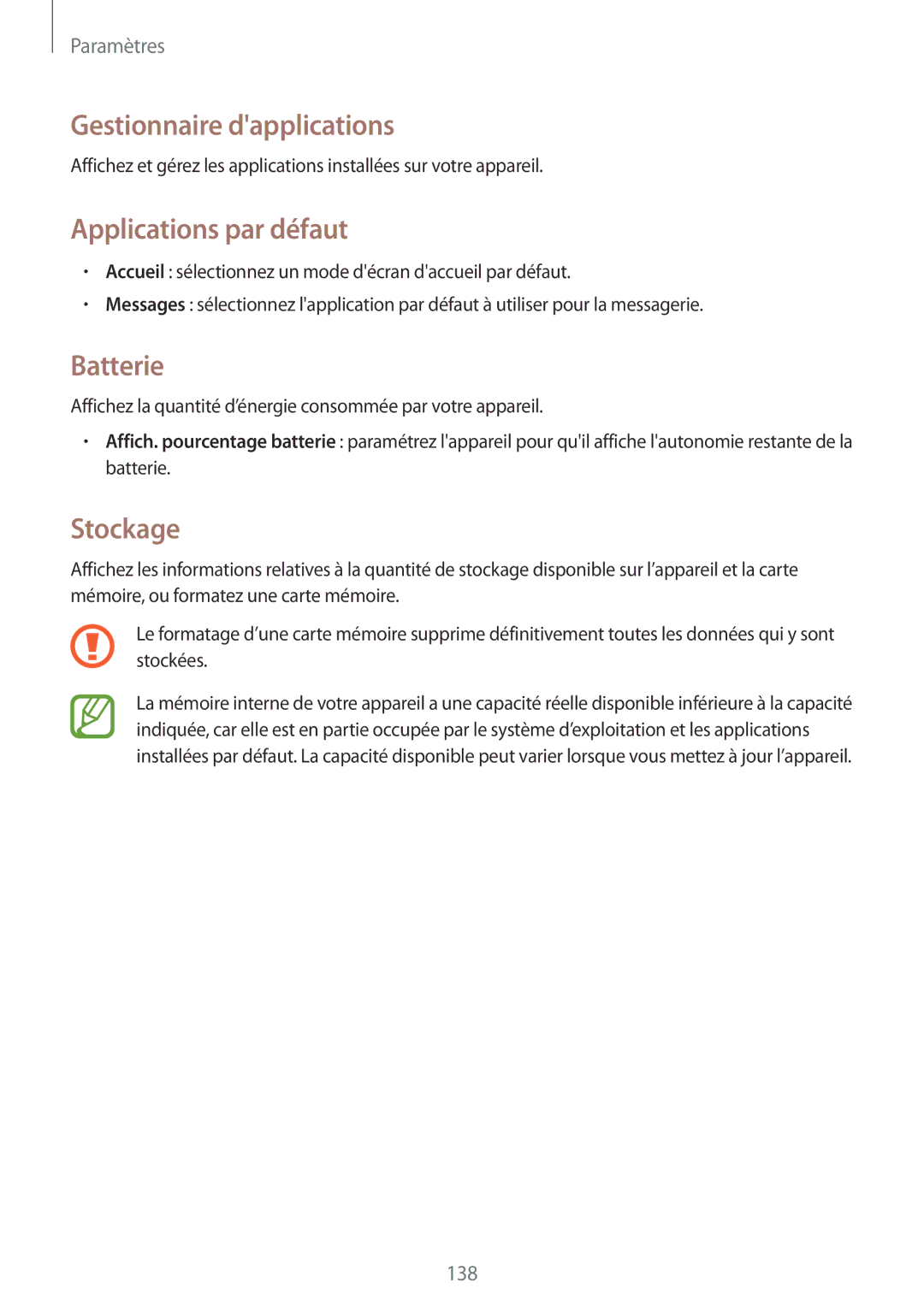 Samsung GT-N7100TADXEF, GT-N7100RWDSFR manual Gestionnaire dapplications, Applications par défaut, Batterie, Stockage 